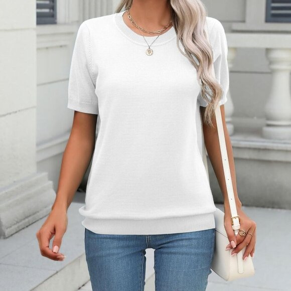 Womens Summer Short Sleeve Tops Crew Neck Lightweight Pullover Sweaters Loose Dr - Picture 2 of 4